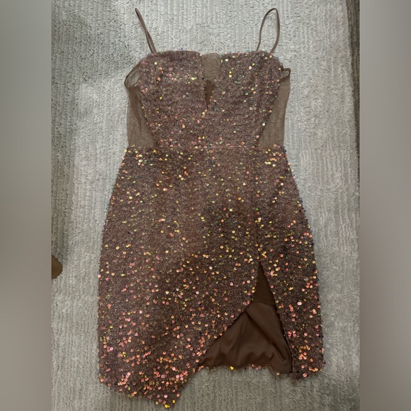 Sequin Mini Dress with Thigh Split and Mesh Detail - Picture 3 of 6